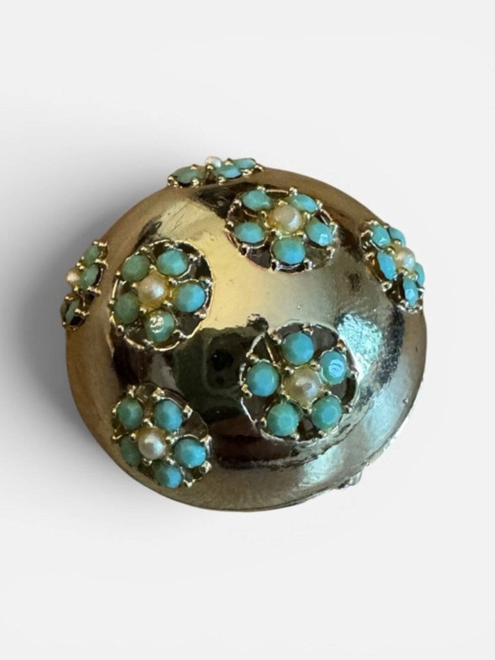 ✨💙VTG 1960s Women's Gold Turquoise Floral Gem Dome Brooch Pin